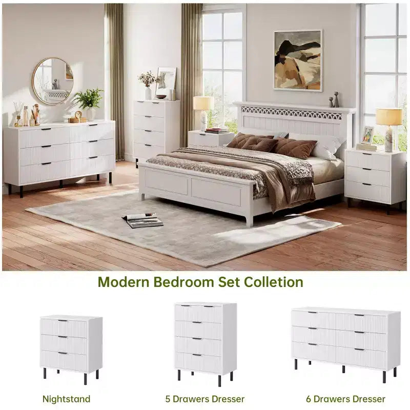 Fluted 3 Drawers Dresser, Wide Wood Chest of Drawers, Drawers Organizer with Metal Legs and Anti-Tipping Device
