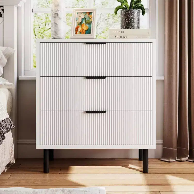 Fluted 3 Drawers Dresser, Wide Wood Chest of Drawers, Drawers Organizer with Metal Legs and Anti-Tipping Device