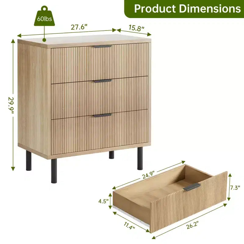 Fluted 3 Drawers Dresser, Wide Wood Chest of Drawers, Drawers Organizer with Metal Legs and Anti-Tipping Device