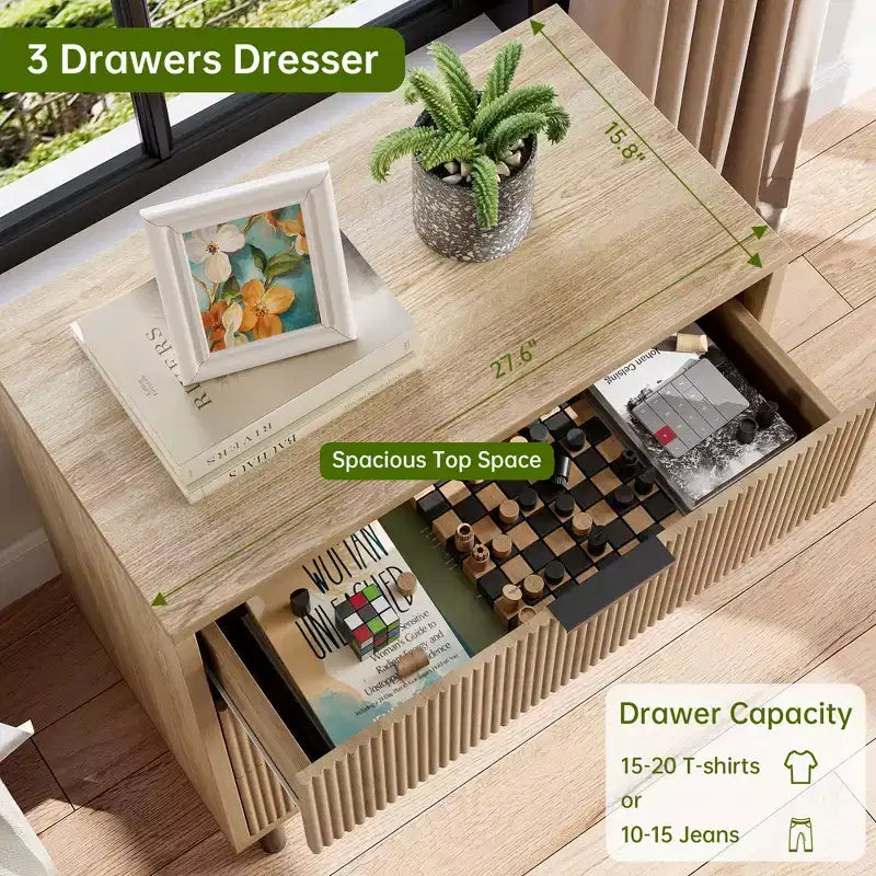Fluted 3 Drawers Dresser, Wide Wood Chest of Drawers, Drawers Organizer with Metal Legs and Anti-Tipping Device
