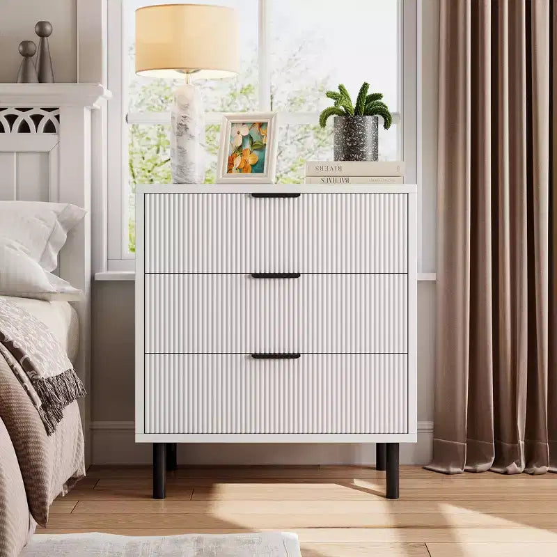 Fluted 3 Drawers Dresser, Wide Wood Chest of Drawers, Drawers Organizer with Metal Legs and Anti-Tipping Device