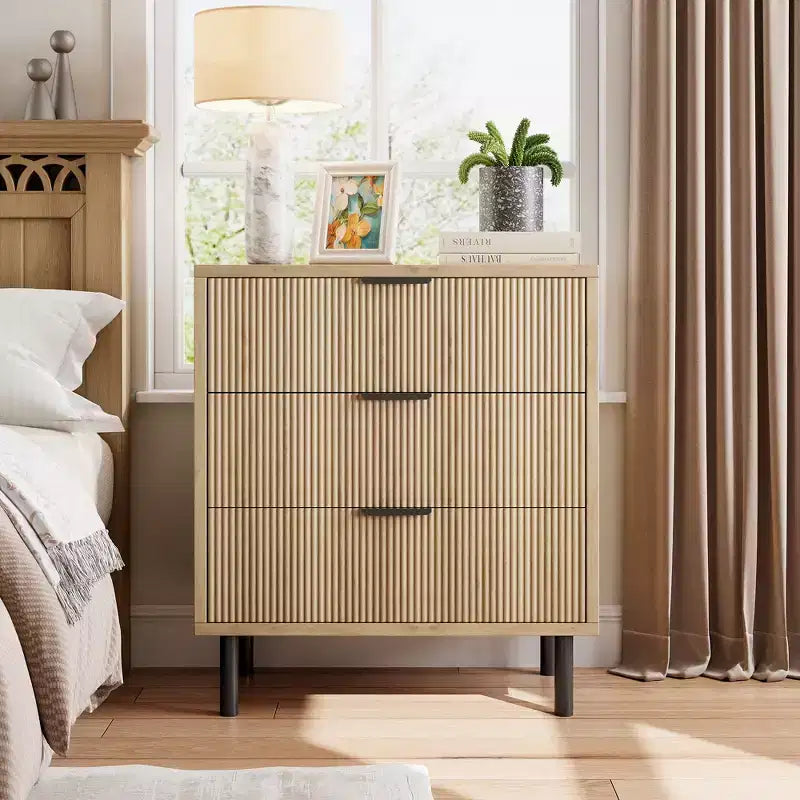 Fluted 3 Drawers Dresser, Wide Wood Chest of Drawers, Drawers Organizer with Metal Legs and Anti-Tipping Device