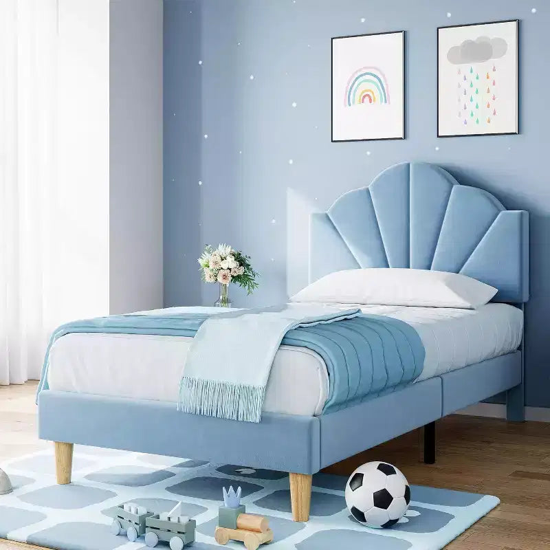Acekool Twin Bed Frame, Velvet Upholstered Platform Bed with Adjustable Headboard, Wood Slats, Easy Assembly, No Box Spring, Light Blue