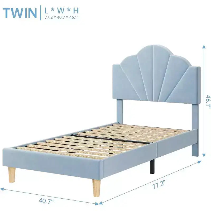 Twin Bed Frame, Velvet Upholstered Platform Bed with Adjustable Headboard, Wood Slats, Easy Assembly, No Box Spring, Light Blue