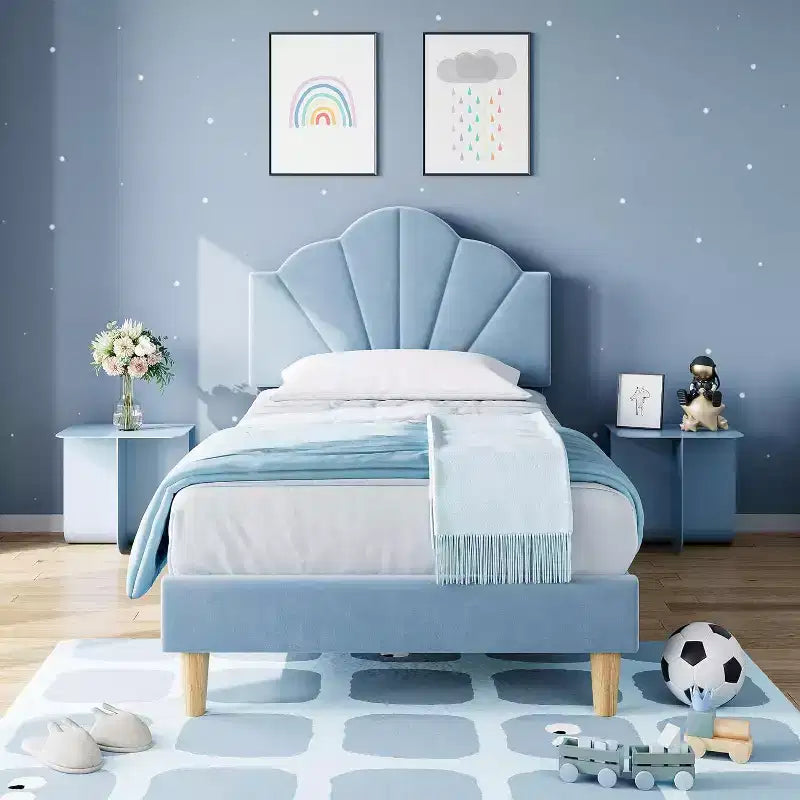 Twin Bed Frame, Velvet Upholstered Platform Bed with Adjustable Headboard, Wood Slats, Easy Assembly, No Box Spring, Light Blue