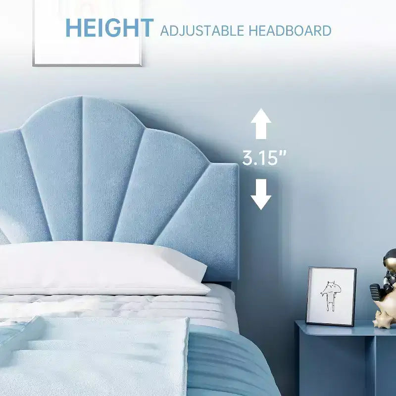 Twin Bed Frame, Velvet Upholstered Platform Bed with Adjustable Headboard, Wood Slats, Easy Assembly, No Box Spring, Light Blue