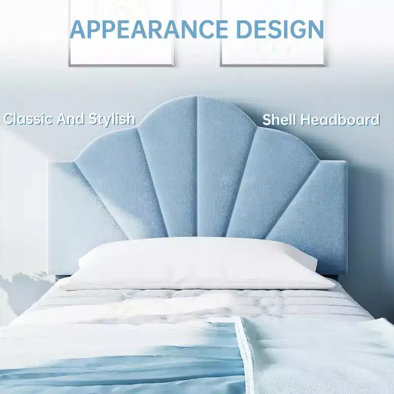 Twin Bed Frame, Velvet Upholstered Platform Bed with Adjustable Headboard, Wood Slats, Easy Assembly, No Box Spring, Light Blue