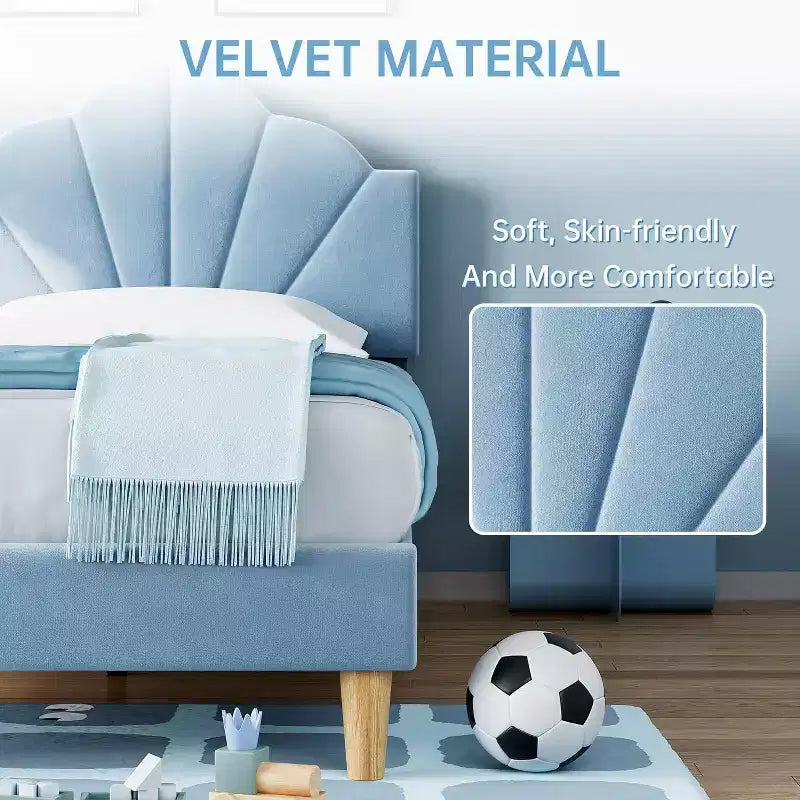 Twin Bed Frame, Velvet Upholstered Platform Bed with Adjustable Headboard, Wood Slats, Easy Assembly, No Box Spring, Light Blue