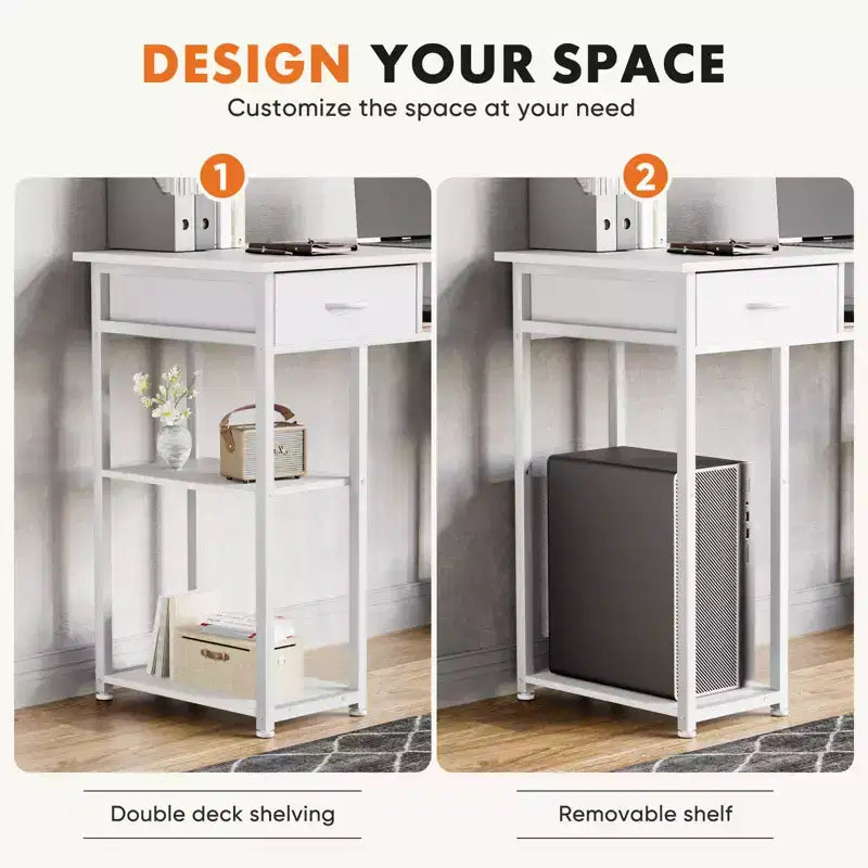 Computer Desk with Fabric Drawers and Storage Shelves, Modern Writing Study Table for Bedroom with Adjustable Feet