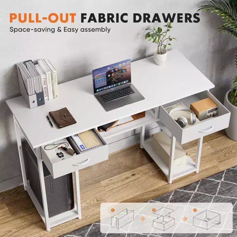 Computer Desk with Fabric Drawers and Storage Shelves, Modern Writing Study Table for Bedroom with Adjustable Feet