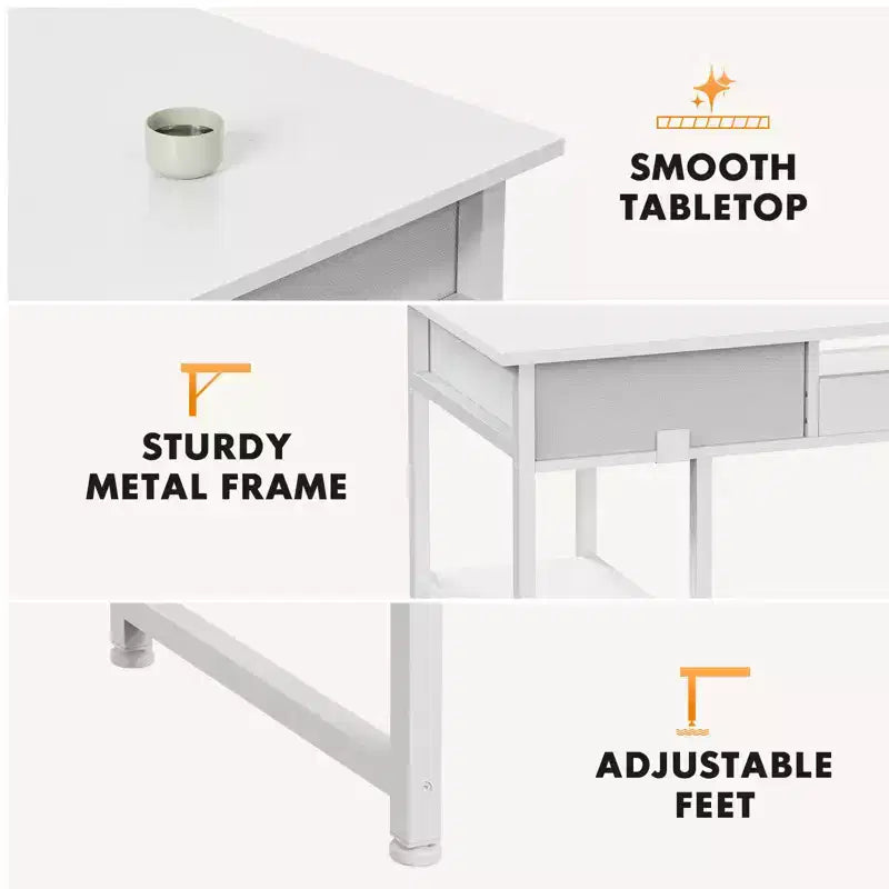 Computer Desk with Fabric Drawers and Storage Shelves, Modern Writing Study Table for Bedroom with Adjustable Feet