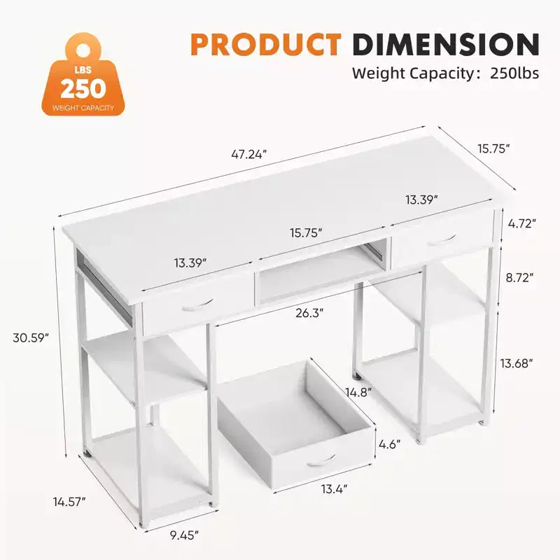 Computer Desk with Fabric Drawers and Storage Shelves, Modern Writing Study Table for Bedroom with Adjustable Feet