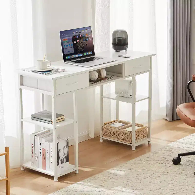 Computer Desk with Fabric Drawers and Storage Shelves, Modern Writing Study Table for Bedroom with Adjustable Feet