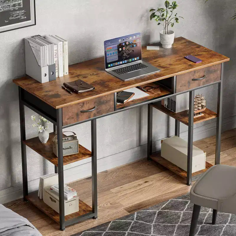 Computer Desk with Fabric Drawers and Storage Shelves, Modern Writing Study Table for Bedroom with Adjustable Feet