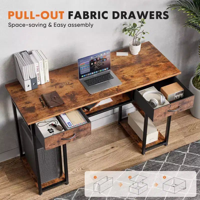 Computer Desk with Fabric Drawers and Storage Shelves, Modern Writing Study Table for Bedroom with Adjustable Feet