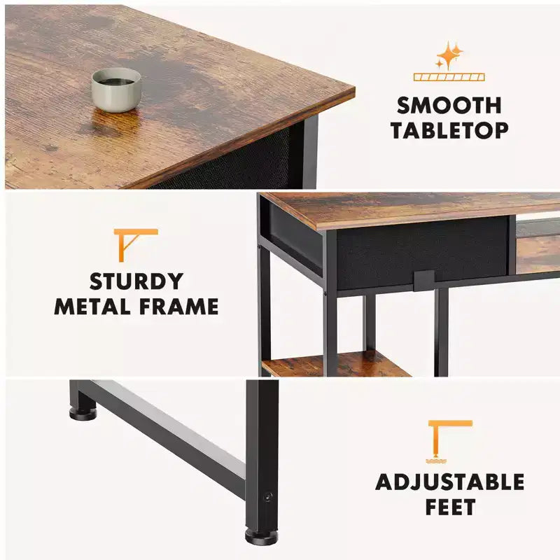 Computer Desk with Fabric Drawers and Storage Shelves, Modern Writing Study Table for Bedroom with Adjustable Feet