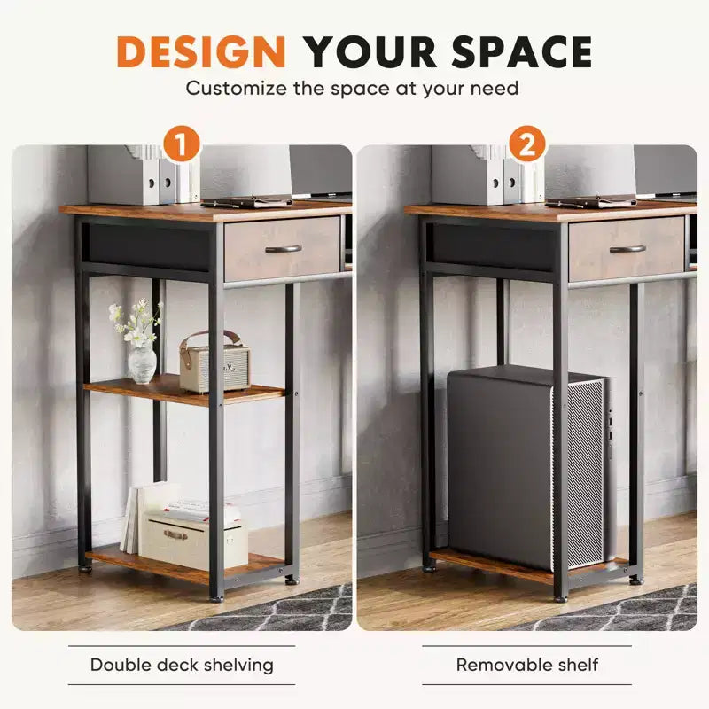 Computer Desk with Fabric Drawers and Storage Shelves, Modern Writing Study Table for Bedroom with Adjustable Feet