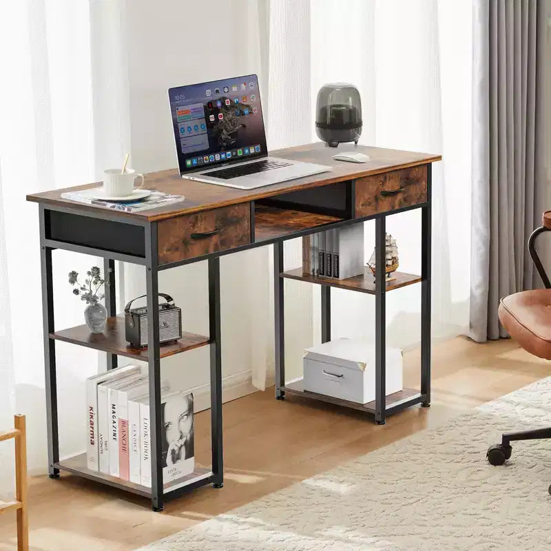 Computer Desk with Fabric Drawers and Storage Shelves, Modern Writing Study Table for Bedroom with Adjustable Feet