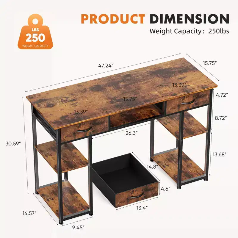 Computer Desk with Fabric Drawers and Storage Shelves, Modern Writing Study Table for Bedroom with Adjustable Feet