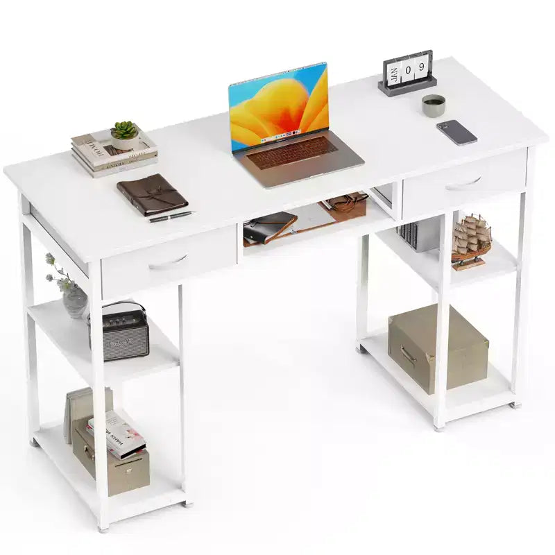 Computer Desk with Fabric Drawers and Storage Shelves, Modern Writing Study Table for Bedroom with Adjustable Feet