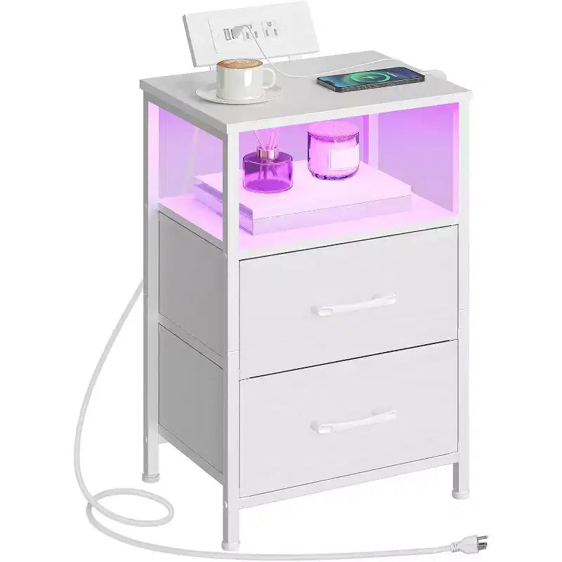 ACOINEL Nightstand with Charging Station, White Bedside Table with LED Lights & 2 Fabric Drawers, End Table with 2 AC Outlets/USB/Type-C