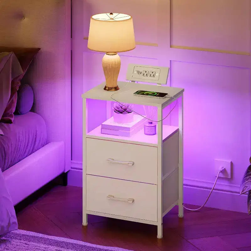 Nightstand with Charging Station, White Bedside Table with LED Lights & 2 Fabric Drawers, End Table with 2 AC Outlets/USB/Type-C
