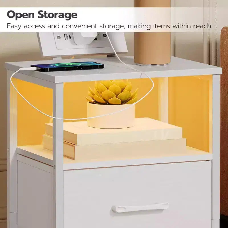 Nightstand with Charging Station, White Bedside Table with LED Lights & 2 Fabric Drawers, End Table with 2 AC Outlets/USB/Type-C