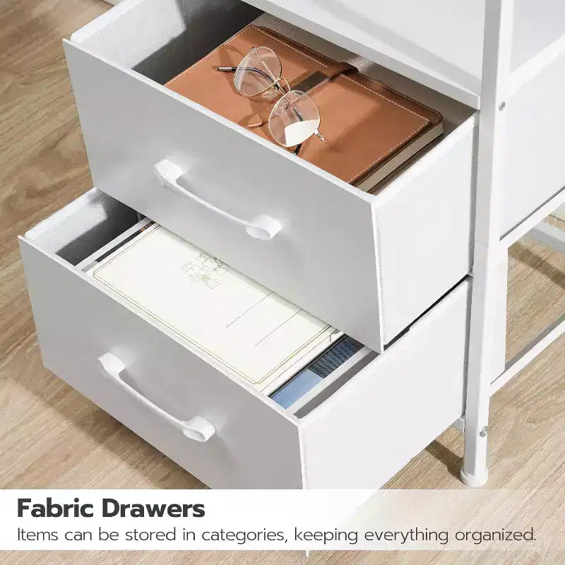 Nightstand with Charging Station, White Bedside Table with LED Lights & 2 Fabric Drawers, End Table with 2 AC Outlets/USB/Type-C