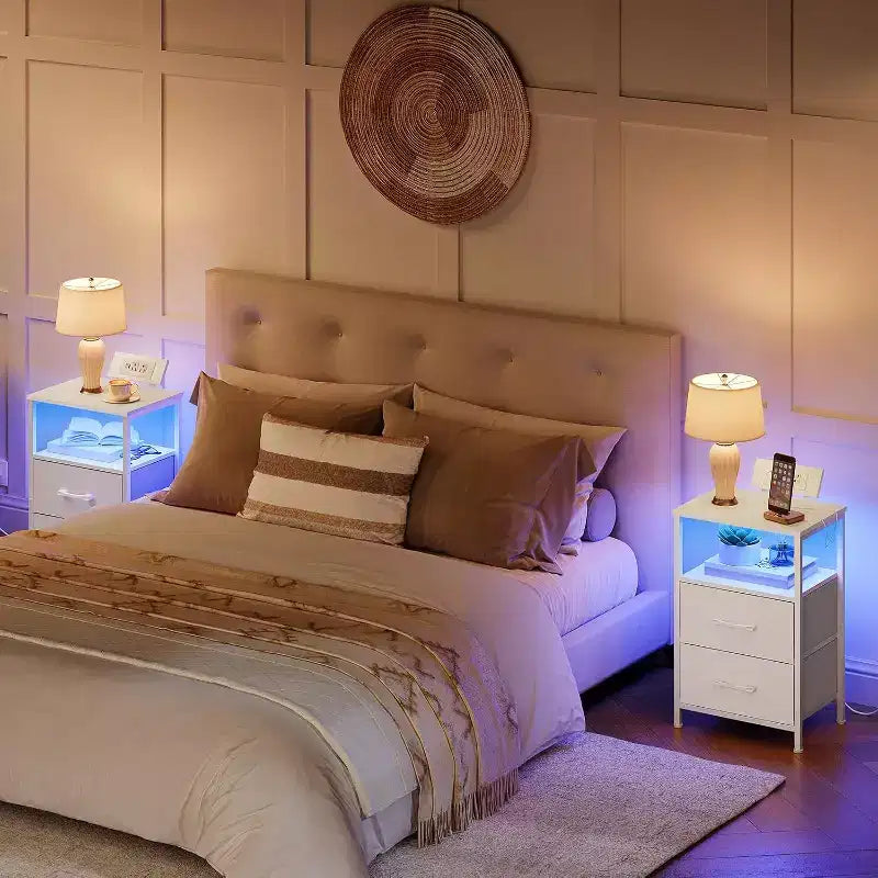 Nightstand with Charging Station, White Bedside Table with LED Lights & 2 Fabric Drawers, End Table with 2 AC Outlets/USB/Type-C