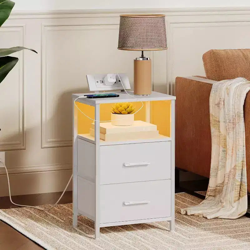 Nightstand with Charging Station, White Bedside Table with LED Lights & 2 Fabric Drawers, End Table with 2 AC Outlets/USB/Type-C