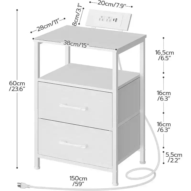 Nightstand with Charging Station, White Bedside Table with LED Lights & 2 Fabric Drawers, End Table with 2 AC Outlets/USB/Type-C