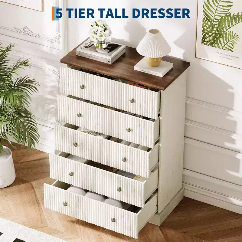 5-Drawer Tall Dresser for Bedroom – Fluted Chest of Drawers with Metal Handles