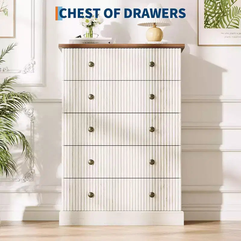 5-Drawer Tall Dresser for Bedroom – Fluted Chest of Drawers with Metal Handles