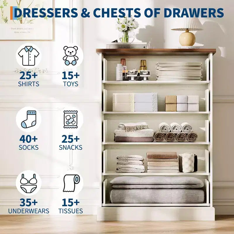5-Drawer Tall Dresser for Bedroom – Fluted Chest of Drawers with Metal Handles