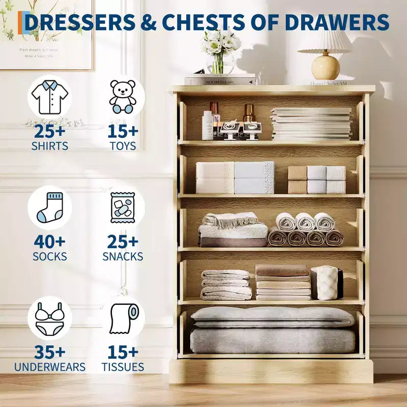 5-Drawer Tall Dresser for Bedroom – Fluted Chest of Drawers with Metal Handles