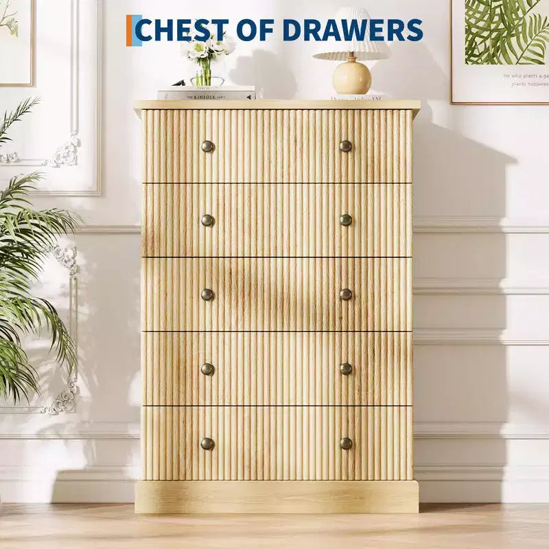 5-Drawer Tall Dresser for Bedroom – Fluted Chest of Drawers with Metal Handles
