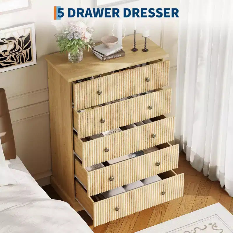 5-Drawer Tall Dresser for Bedroom – Fluted Chest of Drawers with Metal Handles