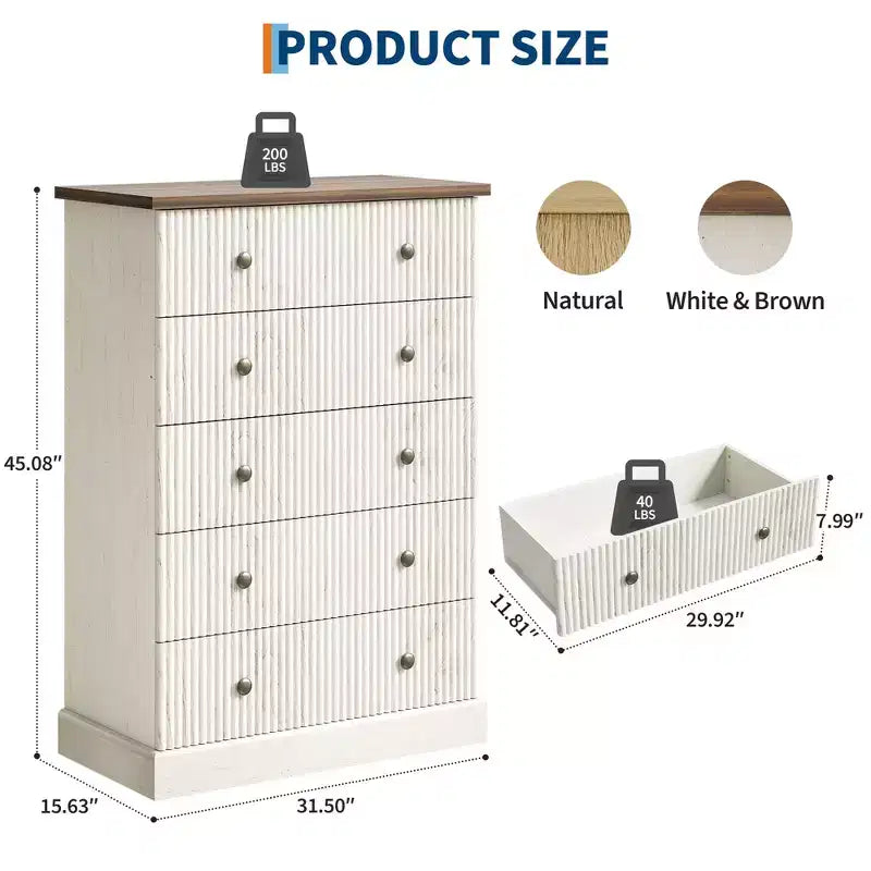 5-Drawer Tall Dresser for Bedroom – Fluted Chest of Drawers with Metal Handles