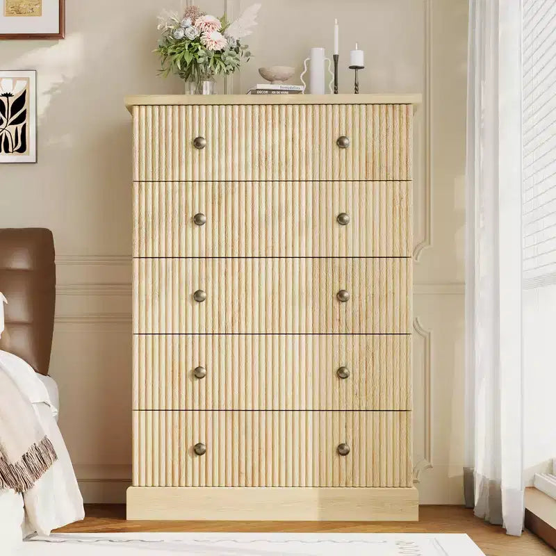 5 Drawer Tall Dresser for Bedroom, Fluted Vertical Chest of Drawers, Wood Storage Dresser with Metal Handles, Space Saving Dresser