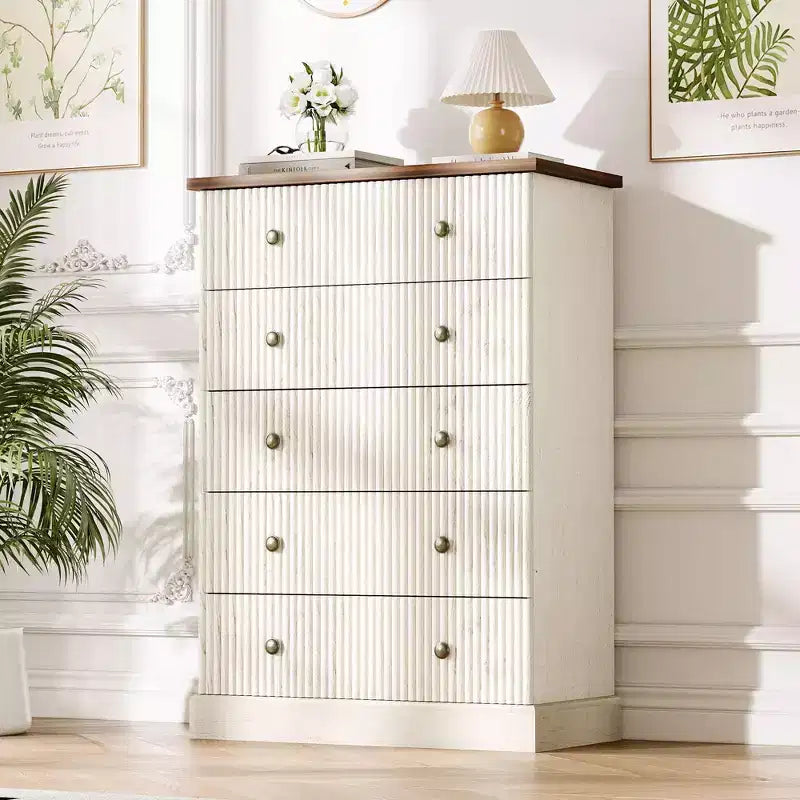 5-Drawer Tall Dresser for Bedroom – Fluted Chest of Drawers with Metal Handles