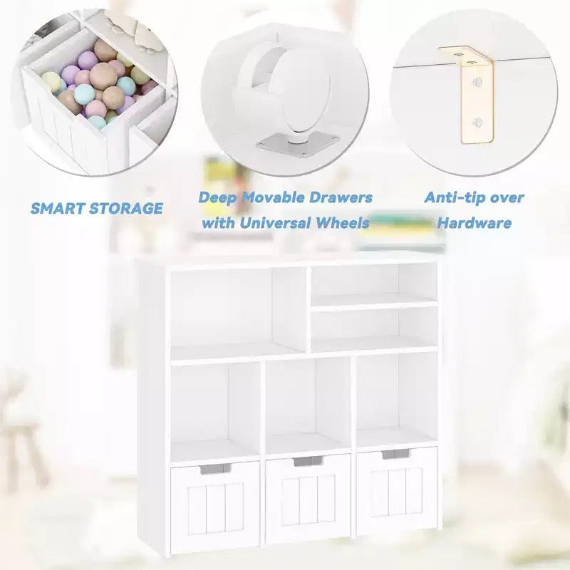 Toy Storage Cabinet with 3 Drawers & 6 Cubbies for Playroom, Nursery & Kids Room