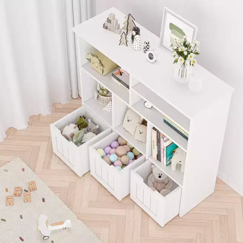 Toy Storage Cabinet with 3 Drawers & 6 Cubbies for Playroom, Nursery & Kids Room