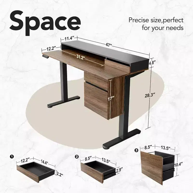47 Inch Electric Height Adjustable Standing Desk with Drawers and Monitor Stand