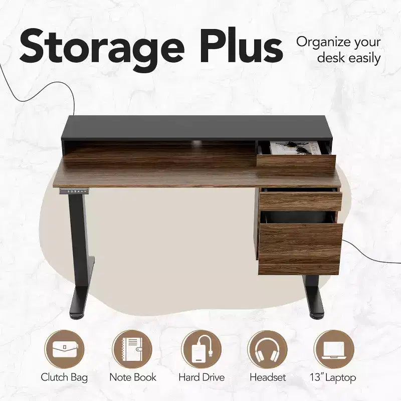 47 Inch Electric Height Adjustable Standing Desk with Drawers and Monitor Stand