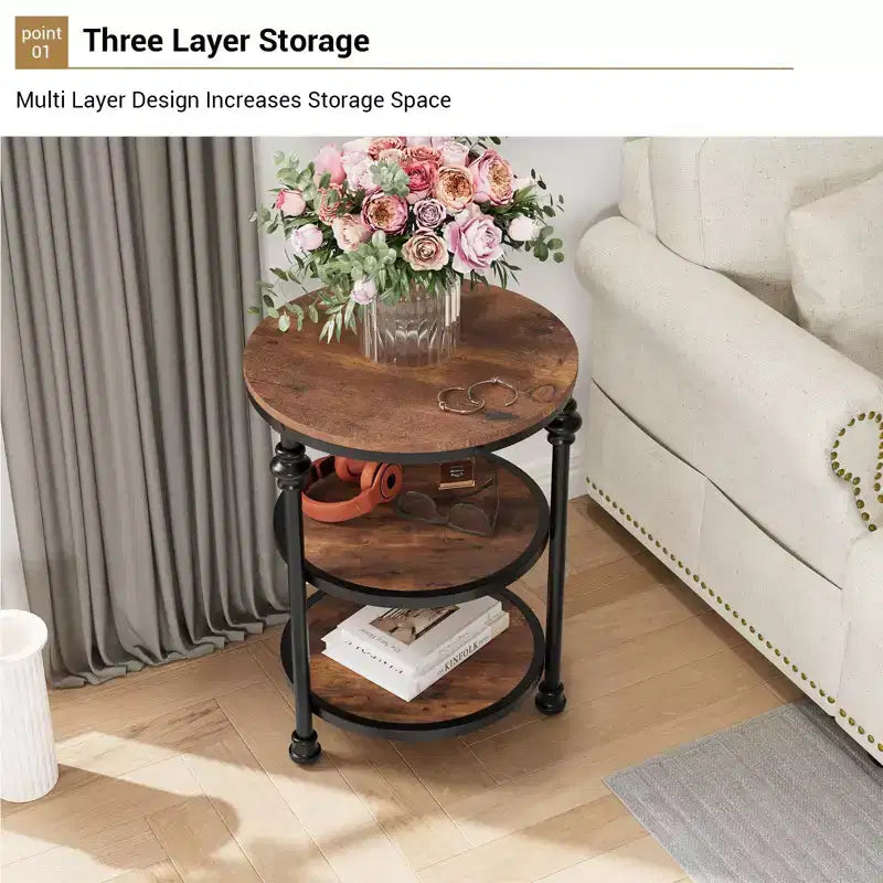 3-Tier End Table with Storage, Side Table with Metal Column Legs for Living Room Bedroom