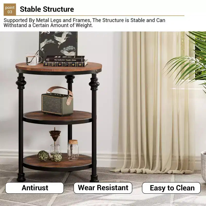 3-Tier End Table with Storage, Side Table with Metal Column Legs for Living Room Bedroom