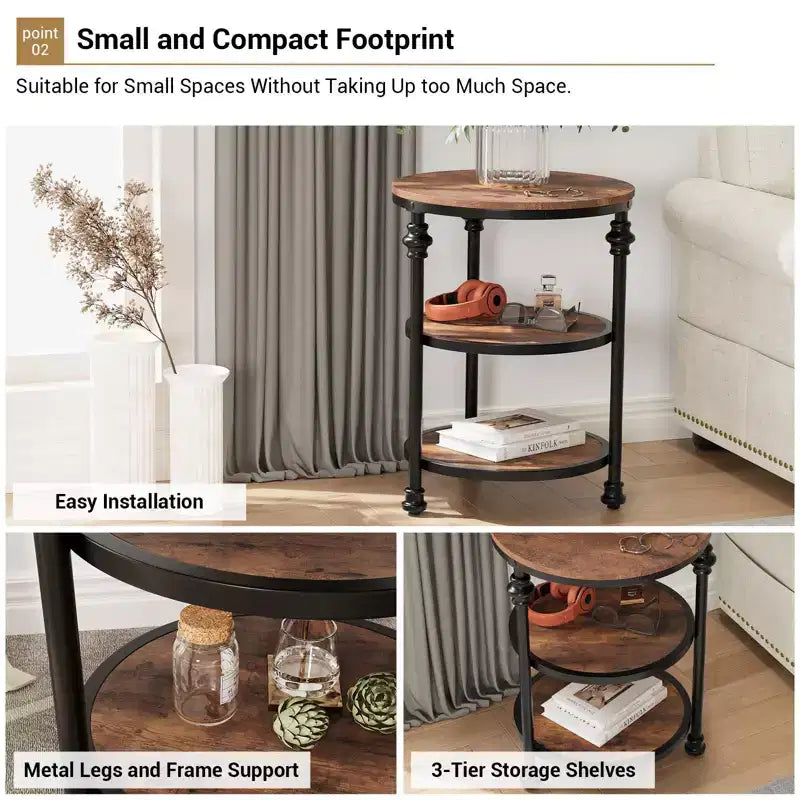 3-Tier End Table with Storage, Side Table with Metal Column Legs for Living Room Bedroom