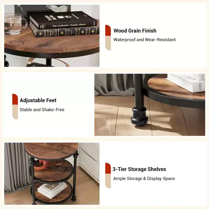 3-Tier End Table with Storage, Side Table with Metal Column Legs for Living Room Bedroom