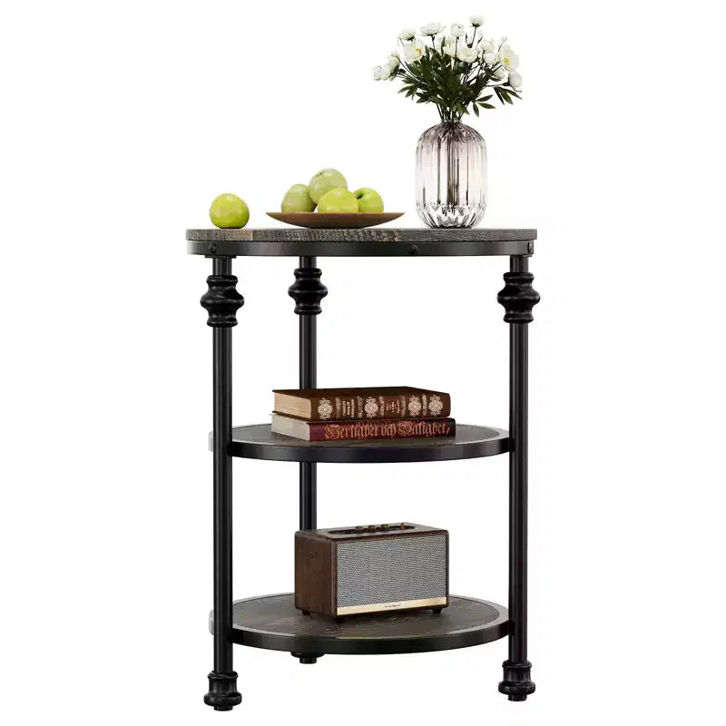 3-Tier End Table with Storage, Rustic Farmhouse Side Table with Metal Column Legs, Dark Oak Accent Table for Living Room Bedroom