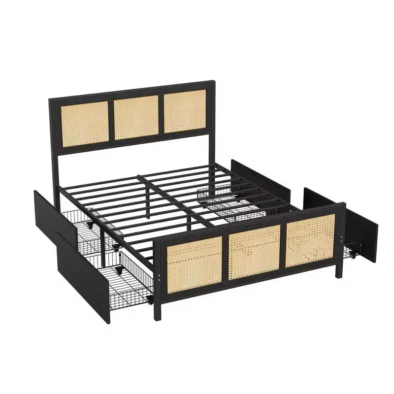 Boho Rattan Full Bed Frame  4 Large Storage Drawers  Sturdy, Noise-Free Metal Slats  No Box Spring Needed  Easy Assembly